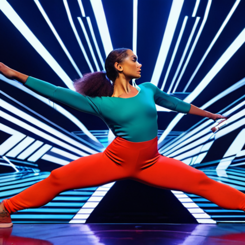 A professional contemporary dancer in modest, form-fitting athletic attire, performing on a futuristic, innovative stage. The environment is a cutting-edge performance space illuminated by dynamic, interactive digital light projections and abstract geometric patterns, creating an immersive, multi-sensory experience where physical and virtual elements blend seamlessly. The scene captures the fusion of traditional art and advanced technology. High-resolution, sharp focus, vibrant colors, artistic lighting, full body shot, professional photography, perfect anatomy, correct proportions, natural pose, well-formed hands, proper finger count, natural body proportions, safe for work, appropriate content, fully clothed, professional.