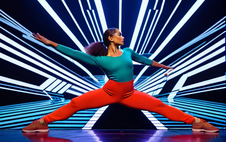 A professional contemporary dancer in modest, form-fitting athletic attire, performing on a futuristic, innovative stage. The environment is a cutting-edge performance space illuminated by dynamic, interactive digital light projections and abstract geometric patterns, creating an immersive, multi-sensory experience where physical and virtual elements blend seamlessly. The scene captures the fusion of traditional art and advanced technology. High-resolution, sharp focus, vibrant colors, artistic lighting, full body shot, professional photography, perfect anatomy, correct proportions, natural pose, well-formed hands, proper finger count, natural body proportions, safe for work, appropriate content, fully clothed, professional.