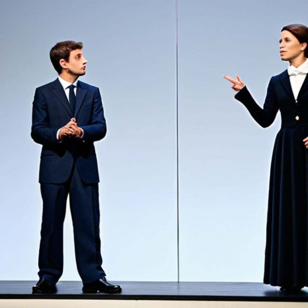 **

"A scene from a modern theatrical production in Paris, featuring actors in fully clothed, stylized costumes on a minimalist stage set. The lighting is dramatic, highlighting the emotion of the scene. Safe for work, appropriate content, professional stage photography, perfect anatomy, correct proportions, family-friendly, well-formed hands, proper finger count, natural body proportions, fully clothed, modest clothing."

**