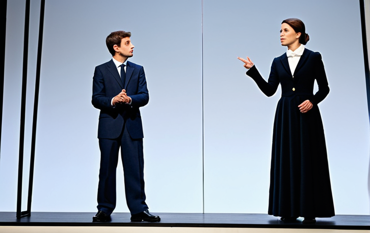 **

"A scene from a modern theatrical production in Paris, featuring actors in fully clothed, stylized costumes on a minimalist stage set. The lighting is dramatic, highlighting the emotion of the scene. Safe for work, appropriate content, professional stage photography, perfect anatomy, correct proportions, family-friendly, well-formed hands, proper finger count, natural body proportions, fully clothed, modest clothing."

**
