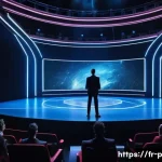 공연예술과 AI 캐릭터 - A futuristic theater stage in Paris featuring a digital avatar actor interacting live with a diverse...
