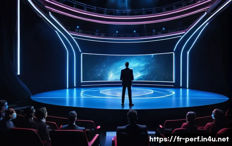 공연예술과 AI 캐릭터 - A futuristic theater stage in Paris featuring a digital avatar actor interacting live with a diverse...