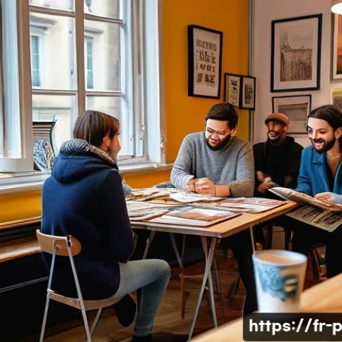 공연예술과 크라우드펀딩 - A vibrant scene of an emerging artist hosting a live crowdfunding event in a cozy Parisian studio, w...