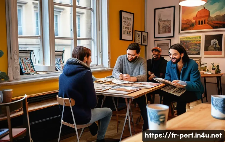 공연예술과 크라우드펀딩 - A vibrant scene of an emerging artist hosting a live crowdfunding event in a cozy Parisian studio, w...