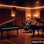 공연 기획의 기본 원칙 - A cozy jazz club interior during an evening performance, featuring warm amber lighting casting soft ...