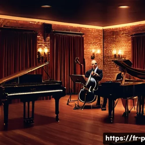 공연 기획의 기본 원칙 - A cozy jazz club interior during an evening performance, featuring warm amber lighting casting soft ...