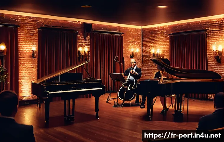 공연 기획의 기본 원칙 - A cozy jazz club interior during an evening performance, featuring warm amber lighting casting soft ...
