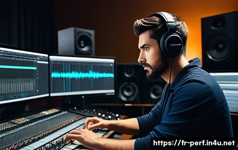 음향 디자인 개론 - A professional sound designer in a modern recording studio, surrounded by high-end audio equipment i...