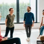 즉흥 연기의 기초 - A diverse group of adults participating in an improvisation workshop in a bright, modern studio with...