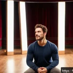 연기 훈련 방법론 - A confident stage actor practicing expressive body language and vocal exercises in a spacious theate...