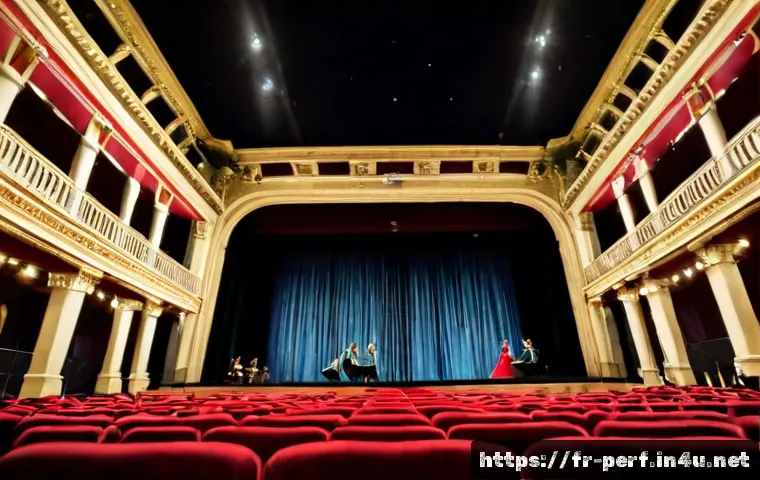 공연예술과 대중문화 - Photorealistic wide-angle evening scene inside a historic Parisian theater, a contemporary dance per...